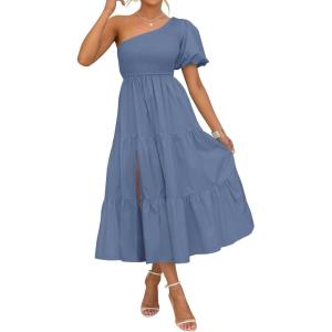 imageZESICA Womens Boho Summer One Shoulder Short Sleeve Smocked Side Split Ruffle Swing Midi DressDusty Blue
