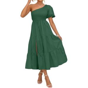 imageZESICA Womens Boho Summer One Shoulder Short Sleeve Smocked Side Split Ruffle Swing Midi DressForest Green