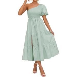 imageZESICA Womens Boho Summer One Shoulder Short Sleeve Smocked Side Split Ruffle Swing Midi DressLight Green