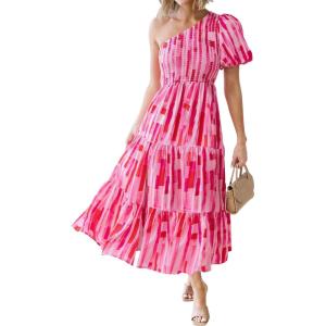 imageZESICA Womens Boho Summer One Shoulder Short Sleeve Smocked Side Split Ruffle Swing Midi DressMagenta