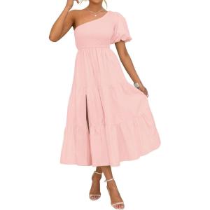 imageZESICA Womens Boho Summer One Shoulder Short Sleeve Smocked Side Split Ruffle Swing Midi DressPink