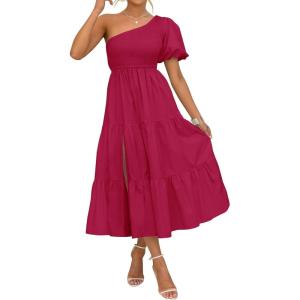 imageZESICA Womens Boho Summer One Shoulder Short Sleeve Smocked Side Split Ruffle Swing Midi DressPlum