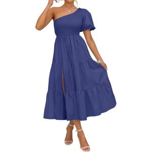 imageZESICA Womens Boho Summer One Shoulder Short Sleeve Smocked Side Split Ruffle Swing Midi DressRoyal Blue