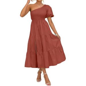 imageZESICA Womens Boho Summer One Shoulder Short Sleeve Smocked Side Split Ruffle Swing Midi DressRust