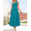 imageZESICA Womens 2025 Bohemian Summer Floral Print One Shoulder Sleeveless Smocked Ruffle Tiered Beach Long Midi DressPeacock
