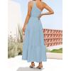 imageZESICA Womens 2025 Bohemian Summer Floral Print One Shoulder Sleeveless Smocked Ruffle Tiered Beach Long Midi DressSkyblue