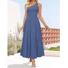 imageZESICA Womens 2025 Bohemian Summer Floral Print One Shoulder Sleeveless Smocked Ruffle Tiered Beach Long Midi DressSoliddarkblue