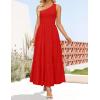 imageZESICA Womens 2025 Bohemian Summer Floral Print One Shoulder Sleeveless Smocked Ruffle Tiered Beach Long Midi DressSolidred