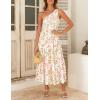 imageZESICA Womens 2025 Bohemian Summer Floral Print One Shoulder Sleeveless Smocked Ruffle Tiered Beach Long Midi DressWhitepink