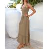 imageZESICA Womens 2025 Summer Boho Spaghetti Strap Square Neck Solid Color Ruffle A Line Beach Long Maxi DressKhaki