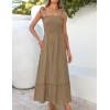 imageZESICA Womens 2025 Summer Boho Spaghetti Strap Square Neck Solid Color Ruffle A Line Beach Long Maxi DressKhaki