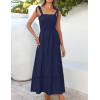imageZESICA Womens 2025 Summer Boho Spaghetti Strap Square Neck Solid Color Ruffle A Line Beach Long Maxi DressNavy