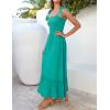 imageZESICA Womens 2025 Summer Boho Spaghetti Strap Square Neck Solid Color Ruffle A Line Beach Long Maxi DressPeacock