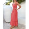 imageZESICA Womens 2025 Summer Boho Spaghetti Strap Square Neck Solid Color Ruffle A Line Beach Long Maxi DressWatermelon