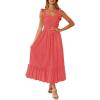 imageZESICA Womens 2025 Summer Boho Spaghetti Strap Square Neck Solid Color Ruffle A Line Beach Long Maxi DressWatermelon