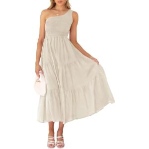 imageZESICA Womens 2025 Bohemian Summer Floral Print One Shoulder Sleeveless Smocked Ruffle Tiered Beach Long Midi DressBeige