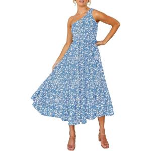 imageZESICA Womens 2025 Bohemian Summer Floral Print One Shoulder Sleeveless Smocked Ruffle Tiered Beach Long Midi DressBlue