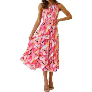 imageZESICA Womens 2025 Bohemian Summer Floral Print One Shoulder Sleeveless Smocked Ruffle Tiered Beach Long Midi DressGeometricpink