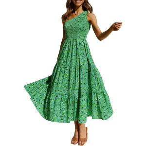 imageZESICA Womens 2025 Bohemian Summer Floral Print One Shoulder Sleeveless Smocked Ruffle Tiered Beach Long Midi DressGrassgreen