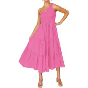 imageZESICA Womens 2025 Bohemian Summer Floral Print One Shoulder Sleeveless Smocked Ruffle Tiered Beach Long Midi DressHotpink