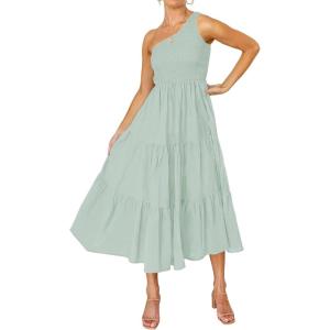 imageZESICA Womens 2025 Bohemian Summer Floral Print One Shoulder Sleeveless Smocked Ruffle Tiered Beach Long Midi DressSage