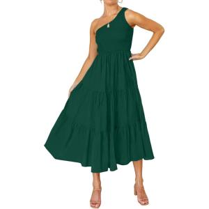 imageZESICA Womens 2025 Bohemian Summer Floral Print One Shoulder Sleeveless Smocked Ruffle Tiered Beach Long Midi DressSoliddarkgreen