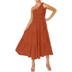imageZESICA Womens 2025 Bohemian Summer Floral Print One Shoulder Sleeveless Smocked Ruffle Tiered Beach Long Midi DressSolidrust