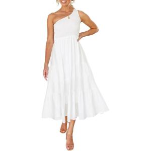 imageZESICA Womens 2025 Bohemian Summer Floral Print One Shoulder Sleeveless Smocked Ruffle Tiered Beach Long Midi DressWhite