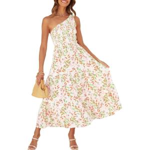 imageZESICA Womens 2025 Bohemian Summer Floral Print One Shoulder Sleeveless Smocked Ruffle Tiered Beach Long Midi DressWhitepink