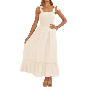 imageZESICA Womens 2025 Summer Boho Spaghetti Strap Square Neck Solid Color Ruffle A Line Beach Long Maxi DressApricot