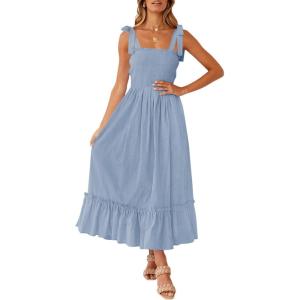 imageZESICA Womens 2025 Summer Boho Spaghetti Strap Square Neck Solid Color Ruffle A Line Beach Long Maxi DressBlue