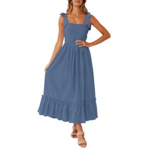 imageZESICA Womens 2025 Summer Boho Spaghetti Strap Square Neck Solid Color Ruffle A Line Beach Long Maxi DressDustyblue