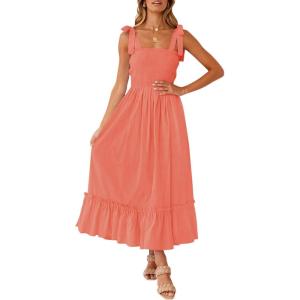 imageZESICA Womens 2025 Summer Boho Spaghetti Strap Square Neck Solid Color Ruffle A Line Beach Long Maxi DressGrapefruit
