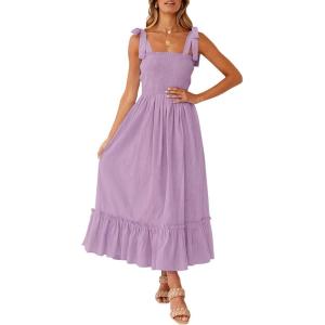 imageZESICA Womens 2025 Summer Boho Spaghetti Strap Square Neck Solid Color Ruffle A Line Beach Long Maxi DressLavender
