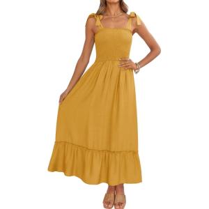 imageZESICA Womens 2025 Summer Boho Spaghetti Strap Square Neck Solid Color Ruffle A Line Beach Long Maxi DressMustard