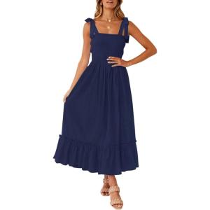 imageZESICA Womens 2025 Summer Boho Spaghetti Strap Square Neck Solid Color Ruffle A Line Beach Long Maxi DressNavy