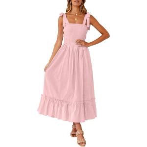imageZESICA Womens 2025 Summer Boho Spaghetti Strap Square Neck Solid Color Ruffle A Line Beach Long Maxi DressPink