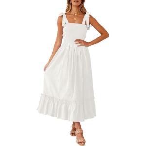 imageZESICA Womens 2025 Summer Boho Spaghetti Strap Square Neck Solid Color Ruffle A Line Beach Long Maxi DressWhite