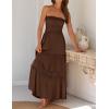 imageZESICA Womens 2025 Summer Bohemian Strapless Off Shoulder Lace Trim Backless Flowy A Line Beach Long Maxi DressCoffee