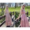 imageZESICA Womens 2025 Summer Bohemian Strapless Off Shoulder Lace Trim Backless Flowy A Line Beach Long Maxi DressPink