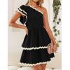 imageZESICA Womens 2025 Summer One Shoulder Dresses Ruffle Short Sleeve Tiered Layered Swing A Line Mini SundressBlack