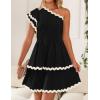 imageZESICA Womens 2025 Summer One Shoulder Dresses Ruffle Short Sleeve Tiered Layered Swing A Line Mini SundressBlack