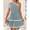 imageZESICA Womens 2025 Summer One Shoulder Dresses Ruffle Short Sleeve Tiered Layered Swing A Line Mini SundressBlue