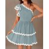 imageZESICA Womens 2025 Summer One Shoulder Dresses Ruffle Short Sleeve Tiered Layered Swing A Line Mini SundressBlue