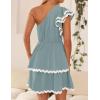imageZESICA Womens 2025 Summer One Shoulder Dresses Ruffle Short Sleeve Tiered Layered Swing A Line Mini SundressBlue