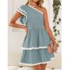 imageZESICA Womens 2025 Summer One Shoulder Dresses Ruffle Short Sleeve Tiered Layered Swing A Line Mini SundressBlue