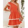 imageZESICA Womens 2025 Summer One Shoulder Dresses Ruffle Short Sleeve Tiered Layered Swing A Line Mini SundressOrange