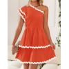imageZESICA Womens 2025 Summer One Shoulder Dresses Ruffle Short Sleeve Tiered Layered Swing A Line Mini SundressOrange