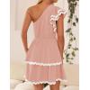 imageZESICA Womens 2025 Summer One Shoulder Dresses Ruffle Short Sleeve Tiered Layered Swing A Line Mini SundressPink