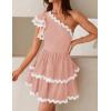 imageZESICA Womens 2025 Summer One Shoulder Dresses Ruffle Short Sleeve Tiered Layered Swing A Line Mini SundressPink